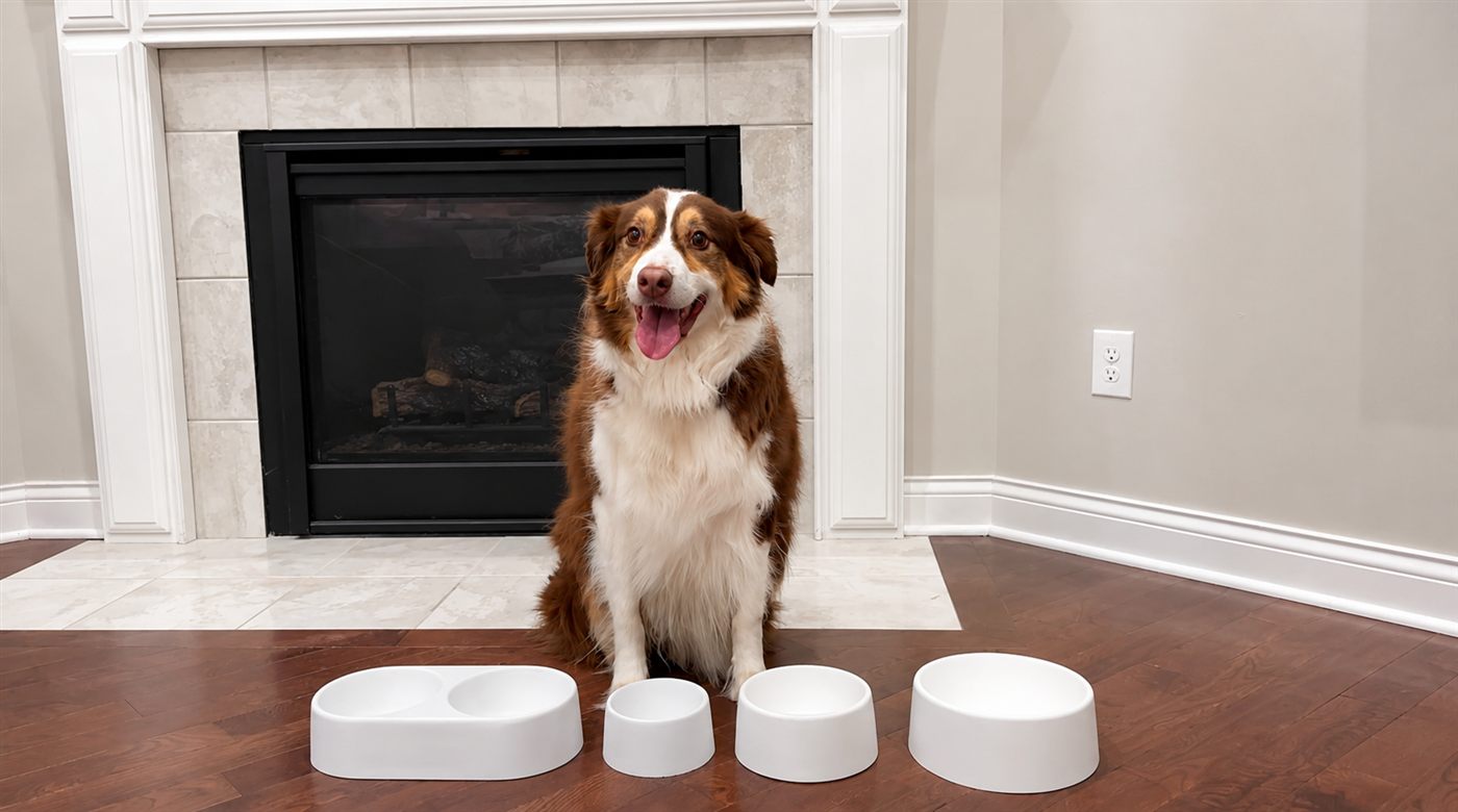 A dog beside all four FURever Bowl sizes, cast from recovered Meridian Solid Surface
